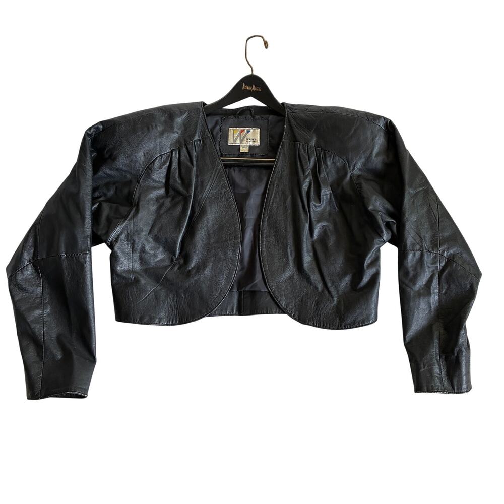 Vintage Wilsons Bolero Jacket Womens Large Black Leather Open Front Shoulder Pad